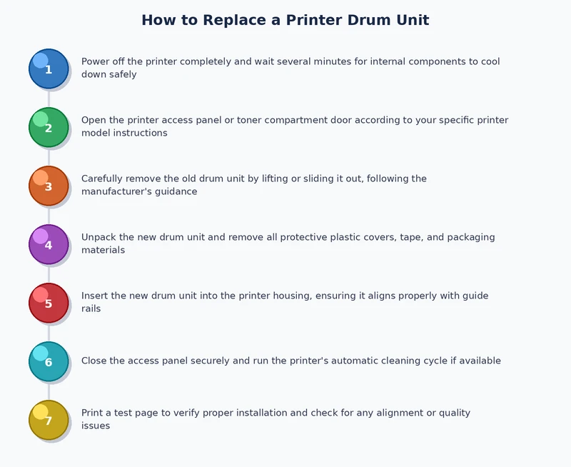Process diagram showing the five steps to replace a printer drum unit