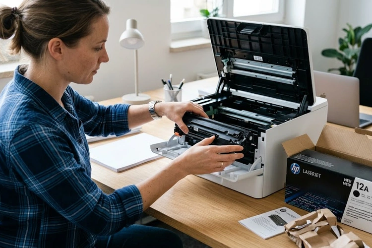 hands replacing a toner cartridge in a laser printer showing how to replace toner cartridge correctly