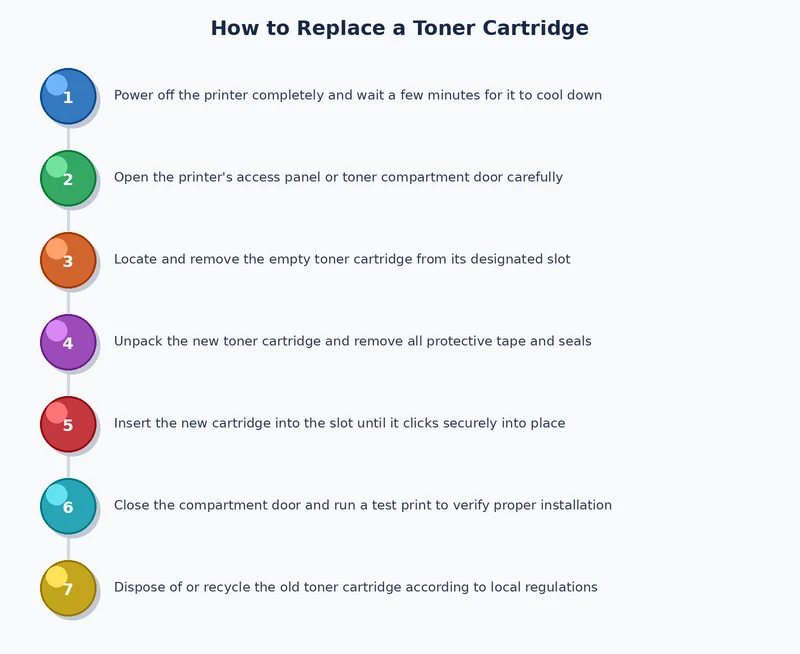 step-by-step process diagram showing how to replace toner cartridge in a laser printer