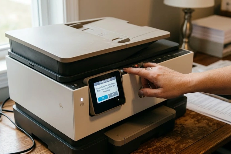 how to reset printer to factory settings — hands navigating printer control panel menu