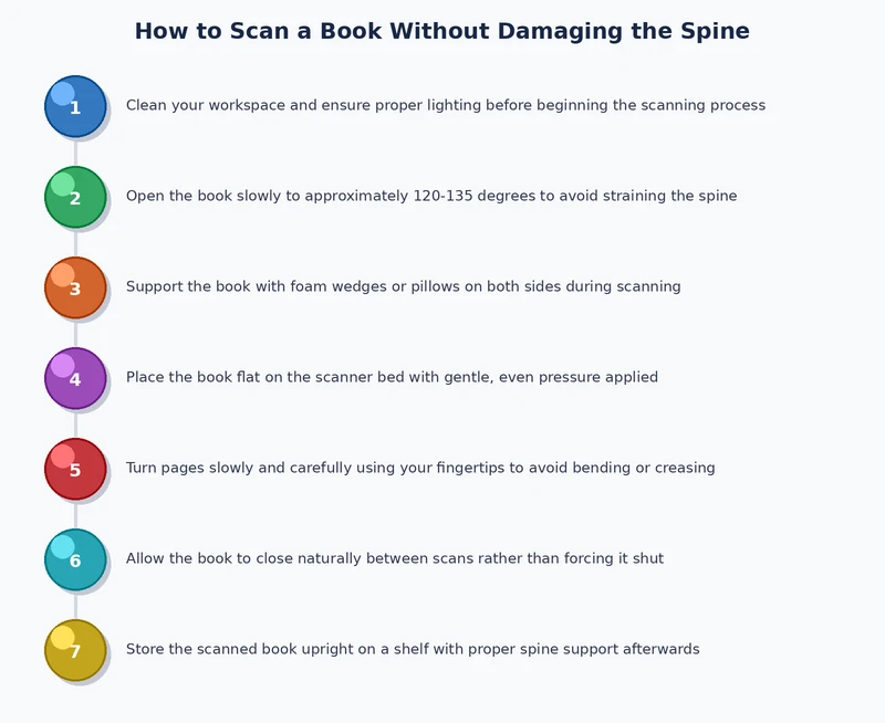 step-by-step process diagram for how to scan a book without damaging the spine