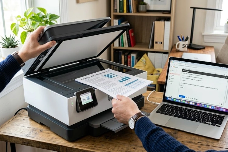 how to scan document send email printer — placing paper on flatbed scanner glass