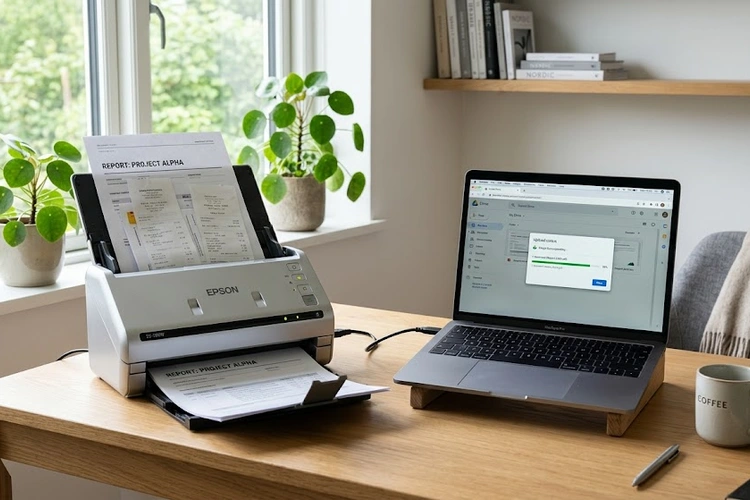 Scanner connected to laptop automatically saving scanned documents to Google Drive and Dropbox