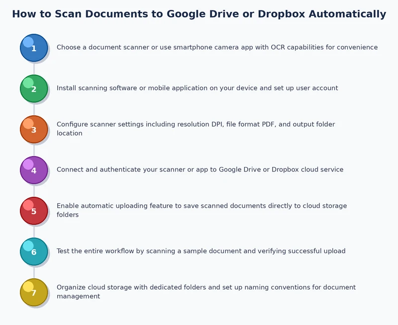 Process diagram showing steps to automatically scan documents to Google Drive or Dropbox