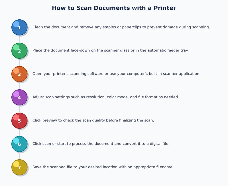 step by step process diagram showing how to scan documents with printer from placement to saving file
