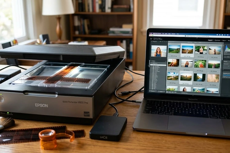 Film negatives and slides laid out next to a flatbed film scanner ready for digitizing at home