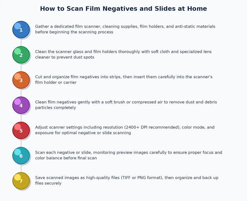 Step-by-step process diagram showing the workflow for scanning film negatives at home from cleaning to archiving