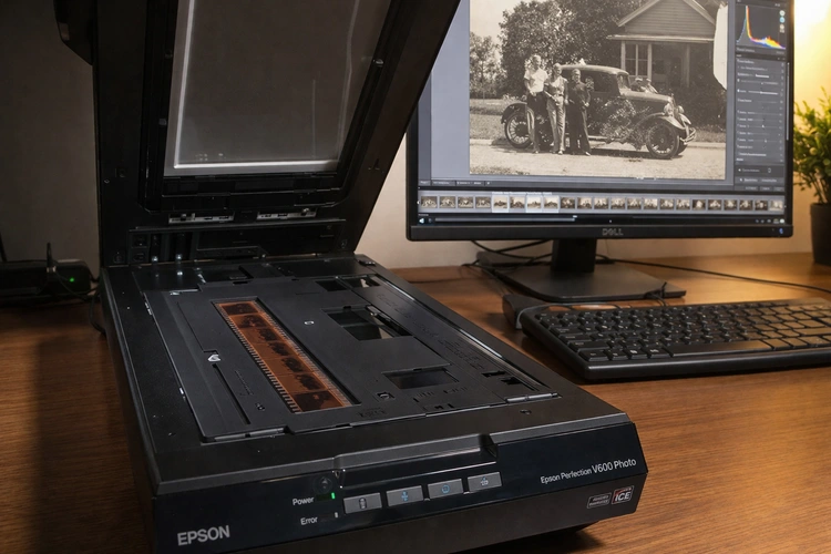 flatbed scanner with film slides and negatives being scanned at home setup