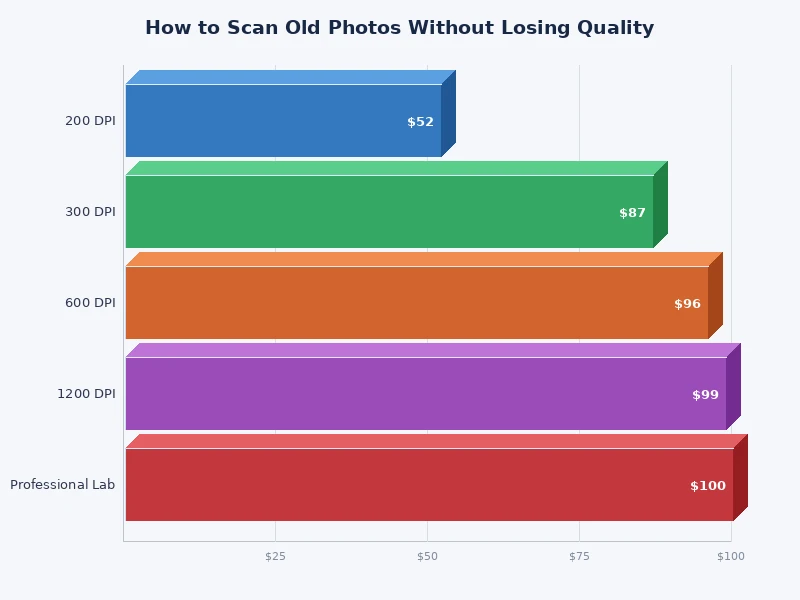 Bar chart comparing recommended DPI settings for different photo scanning scenarios