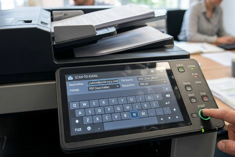 A close-up of a multifunction scanner's touchscreen control panel showing a Scan-to-Email menu, with an email address being entered on the keyboard interface and a document loaded in the feeder.