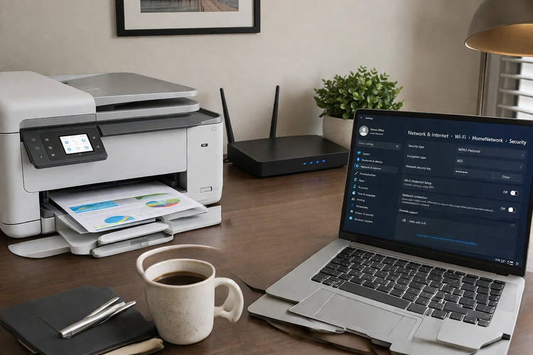 how to secure wireless printer home network - router and printer setup on a home desk