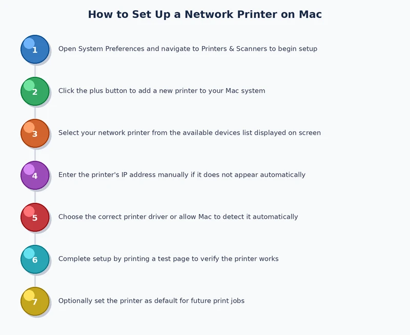 Process diagram for how to set up a network printer on Mac using IP address method