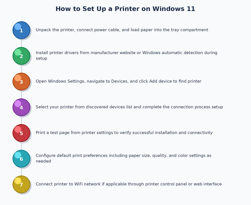 Process diagram showing the six steps to set up a printer on Windows 11 from power-on to successful test print