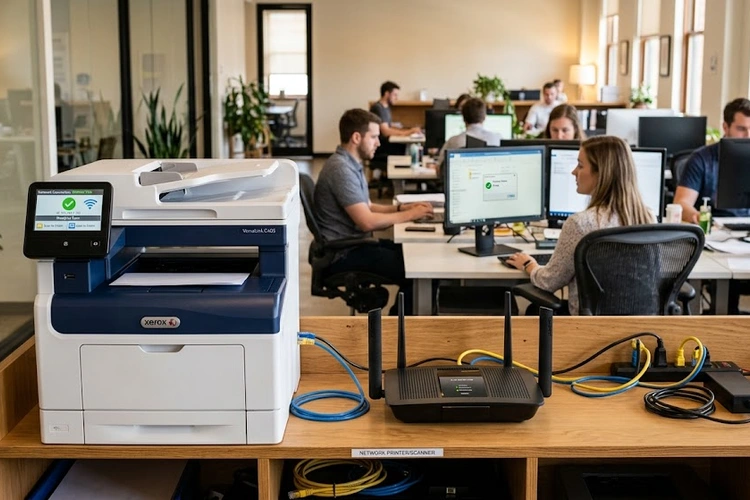 How to set up a shared network scanner in a small office with multiple computers connected