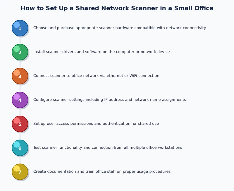 Step-by-step process diagram for how to set up a network scanner in a small office