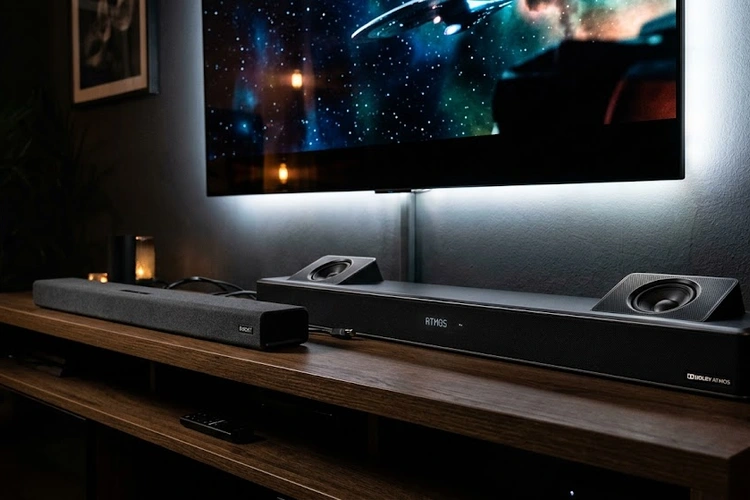 Soundbar positioned below TV on entertainment unit for best sound quality settings