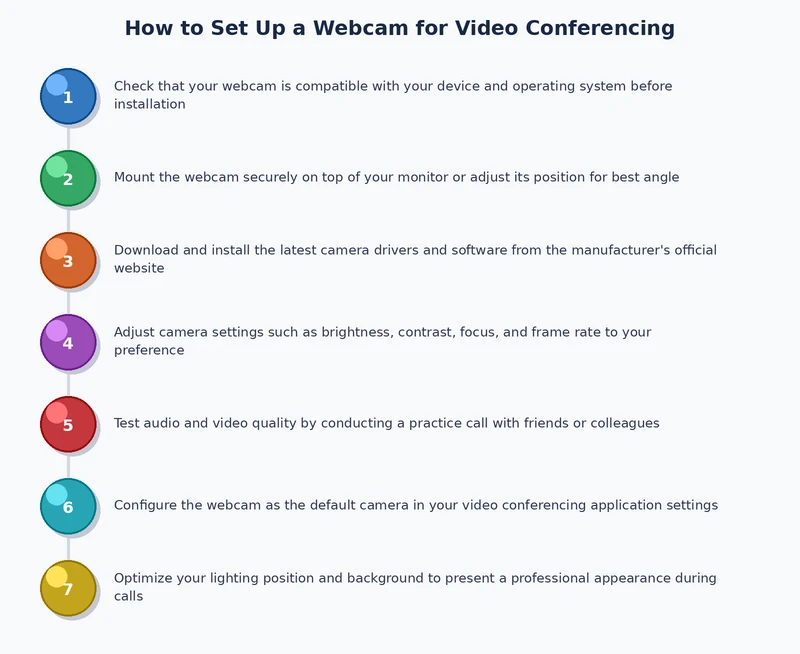 Step-by-step process diagram for webcam setup and video conferencing configuration