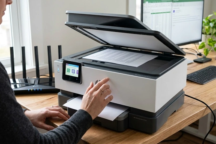 wireless scanner connected to home network router with laptop and smartphone receiving scans