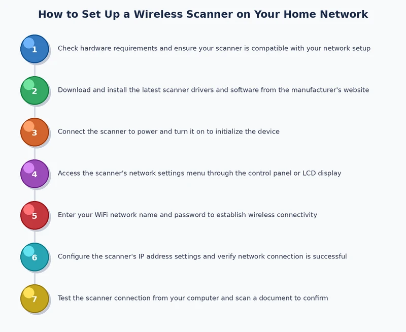 step-by-step process diagram for how to set up wireless scanner on home network from unboxing to first scan