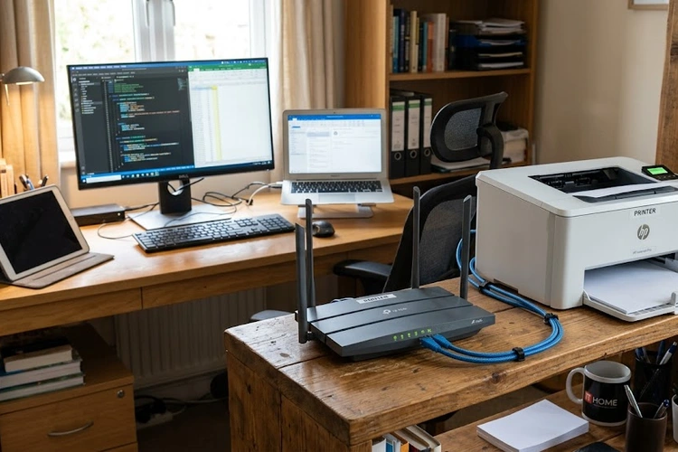 how to share printer on home network — router connected to printer and multiple devices