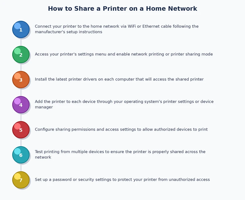 step-by-step process diagram for sharing a printer on a home network
