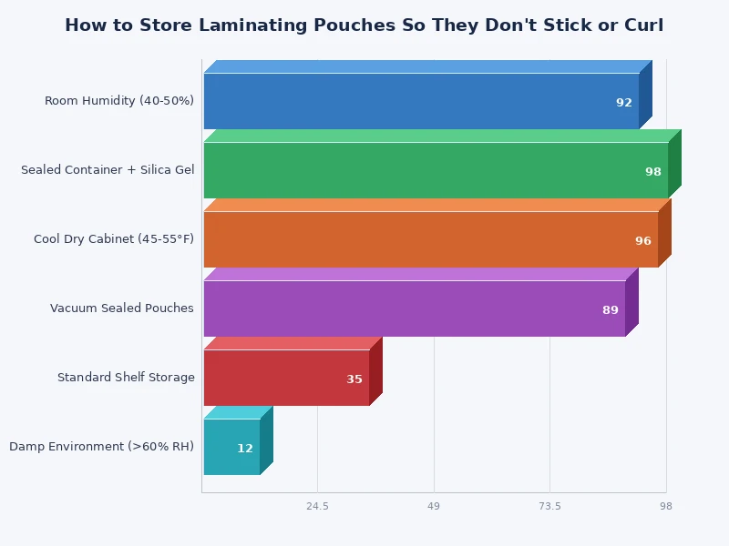 chart showing optimal storage conditions for laminating pouches by type