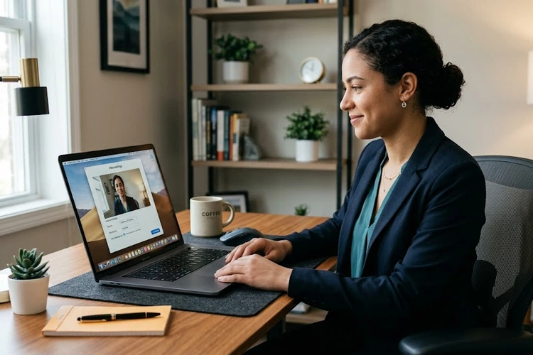 how to test webcam before meeting — person checking camera feed on laptop screen