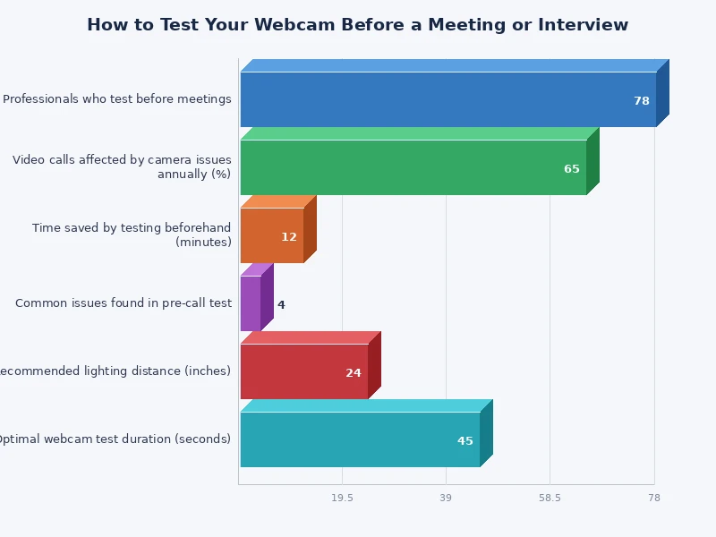 webcam test checklist chart showing categories: video, audio, lighting, connection