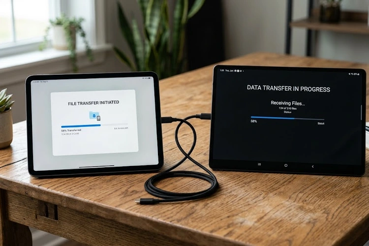 How to transfer data from old tablet to new tablet — cables, cloud backup, and wireless sync shown side by side