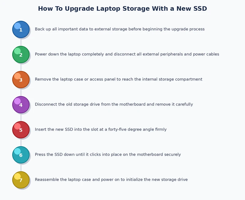 Laptop SSD upgrade process diagram showing steps from backup to installation
