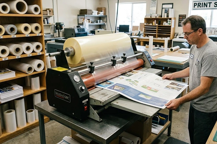 A large roll laminator machine with a roll of laminating film mounted at the back, feeding a wide document through in a print shop or school setting. Rolls of laminating film in different widths are stored on a nearby shelf.