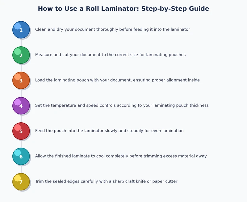 roll laminator process diagram showing film loading threading and document feeding steps