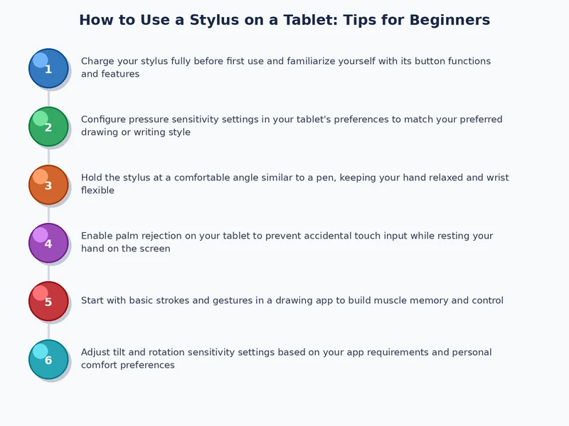 Step-by-step process diagram for setting up and using a stylus on a tablet
