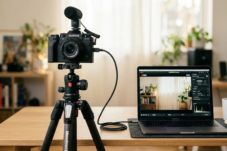 DSLR camera on a desk tripod set up as a webcam for video calls