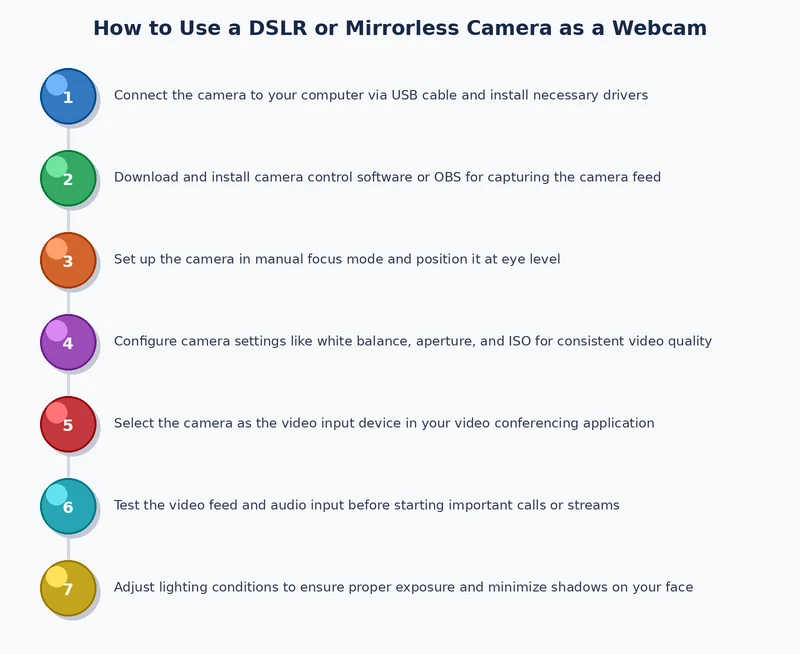Step-by-step process diagram showing how to connect a DSLR camera as a webcam using USB or HDMI capture card