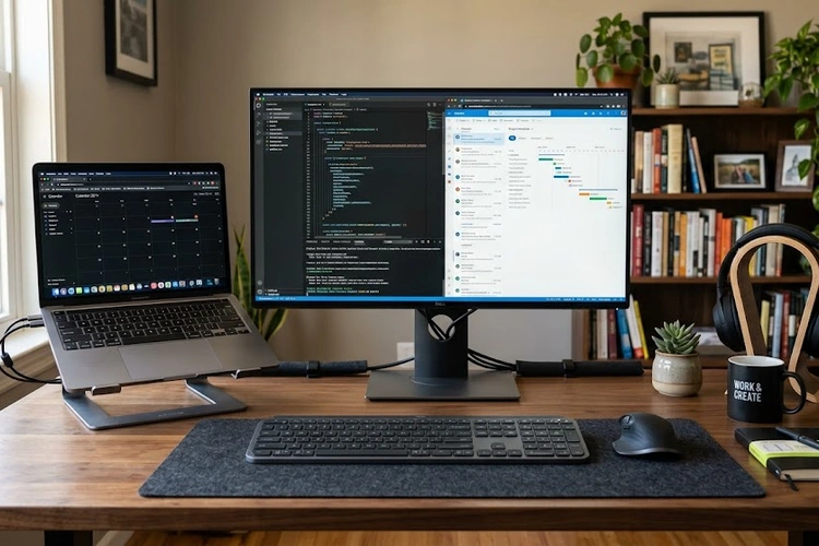 Laptop connected to external monitor and peripherals as a desktop replacement setup