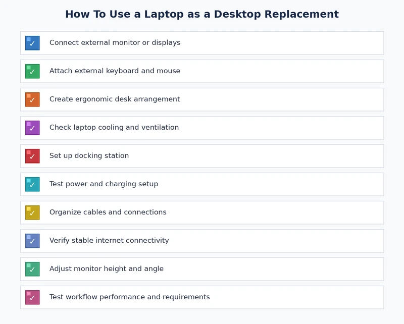 Desktop replacement laptop setup checklist covering hardware, peripherals, and workspace configuration