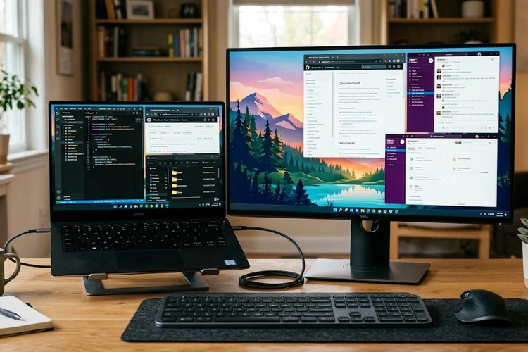 how to use laptop as second monitor — two laptops side by side on a desk