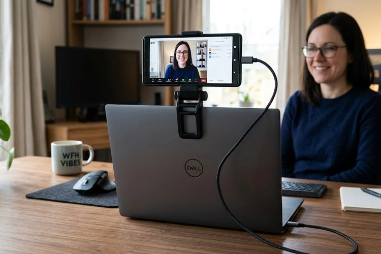 A smartphone mounted on a clip holder attached to a laptop screen, being used as a webcam for a video call. USB cable or wireless connection visible, modern desk setup.
