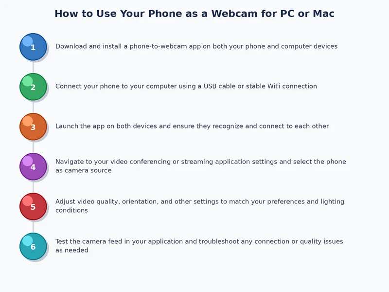 step-by-step process diagram showing how to connect a smartphone as a webcam to a Windows PC using USB and DroidCam