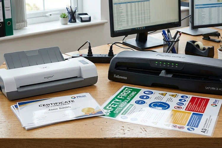 Hands peeling the backing off a self-adhesive laminating pouch and smoothing it over a printed card on a flat table. A finished laminated ID badge and luggage tag lie nearby.