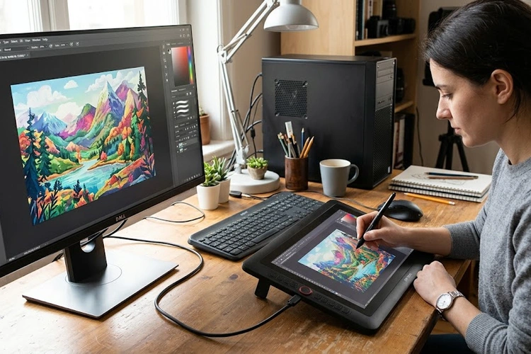 use tablet as drawing pad for computer showing stylus on iPad connected to PC