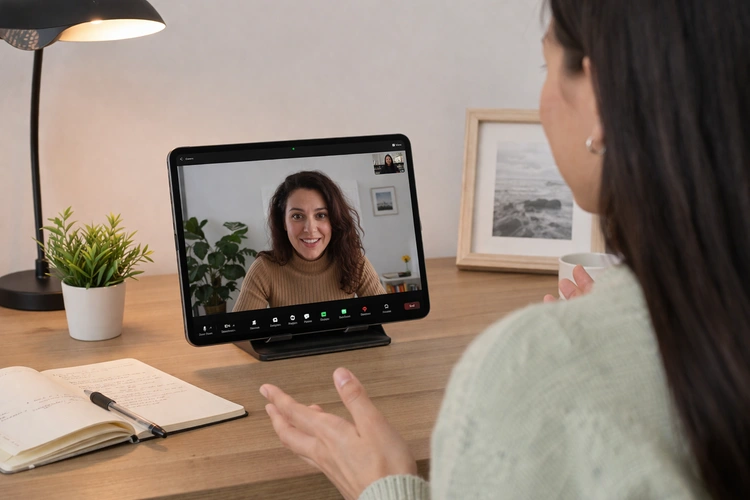 person using tablet for video calls on desk with stand and headset