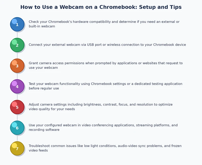 process diagram showing steps to set up and use a webcam on a Chromebook