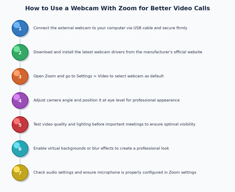 Step-by-step process diagram for setting up a webcam with Zoom including connection, settings, and lighting steps