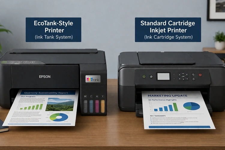 ink tank printer vs cartridge printer side by side on a desk