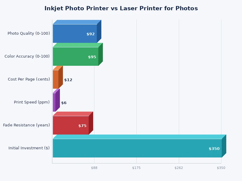 chart comparing inkjet vs laser printer photo quality metrics including color gamut resolution and print longevity