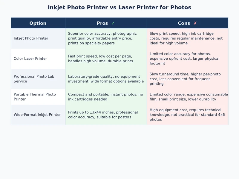 comparison table showing inkjet vs laser printer differences for photo printing quality longevity and cost