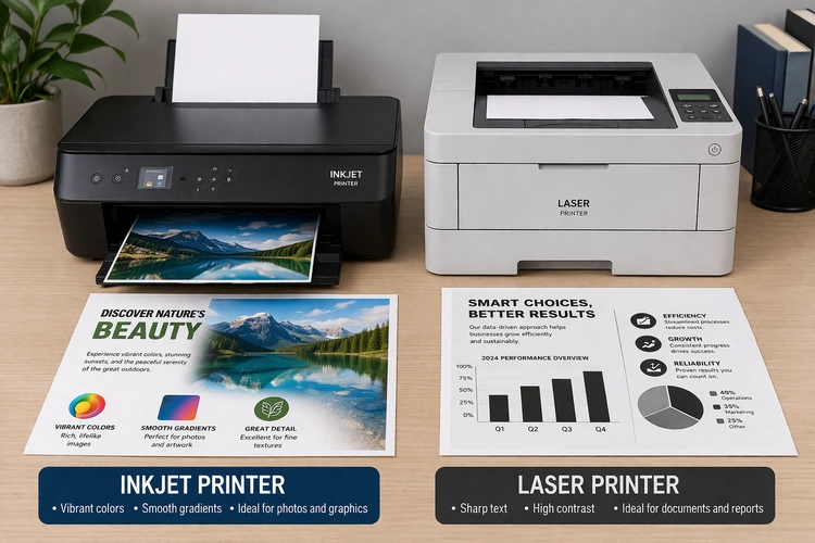 inkjet vs laser printer side by side on a desk