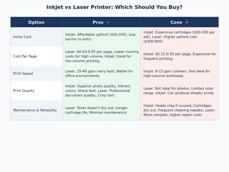 comparison table diagram showing inkjet vs laser printer strengths and weaknesses